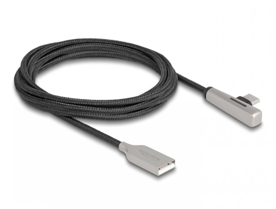 Imagine Cablu USB 2.0-A la USB type C T-T Fast Charging 60W cu LED 2m brodat Negru